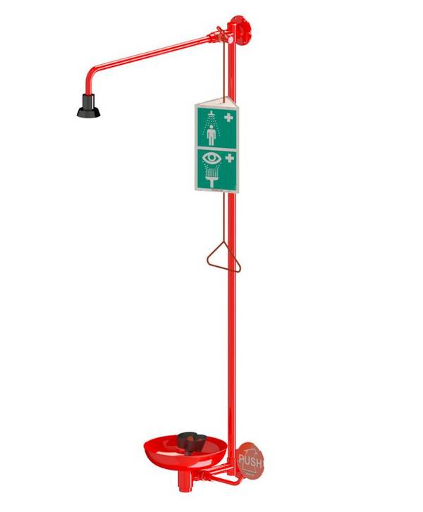 Körperdusche mit Augendusche mit Auffangbecken, rot, Wandmontage, 3/4" für Zirkulation, DVGW