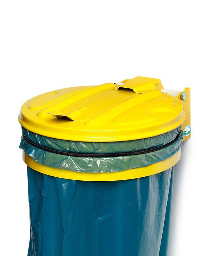 Abfallsackhalter aus Stahl, Wandmontage, Gummiband zur Sackbefestigung, Stahldeckel, gelb-0