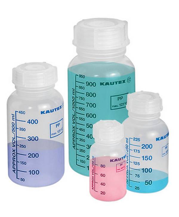 Weithalsflaschen aus PP, aufgedruckte Volumenskala, mit Schraubverschluss, 250 ml, 30 Stück
