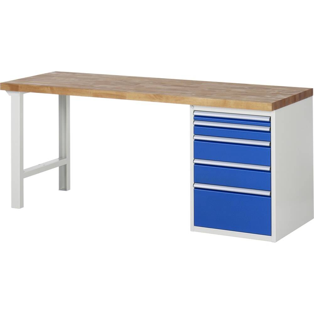 Werkbank - 5 Schubladen, 60 / 90 / 150 / 270 mm - Teilauszug - Buchenplatte - Tragkraft 1.000 kg - 840 x 2.000 x 700 mm-0