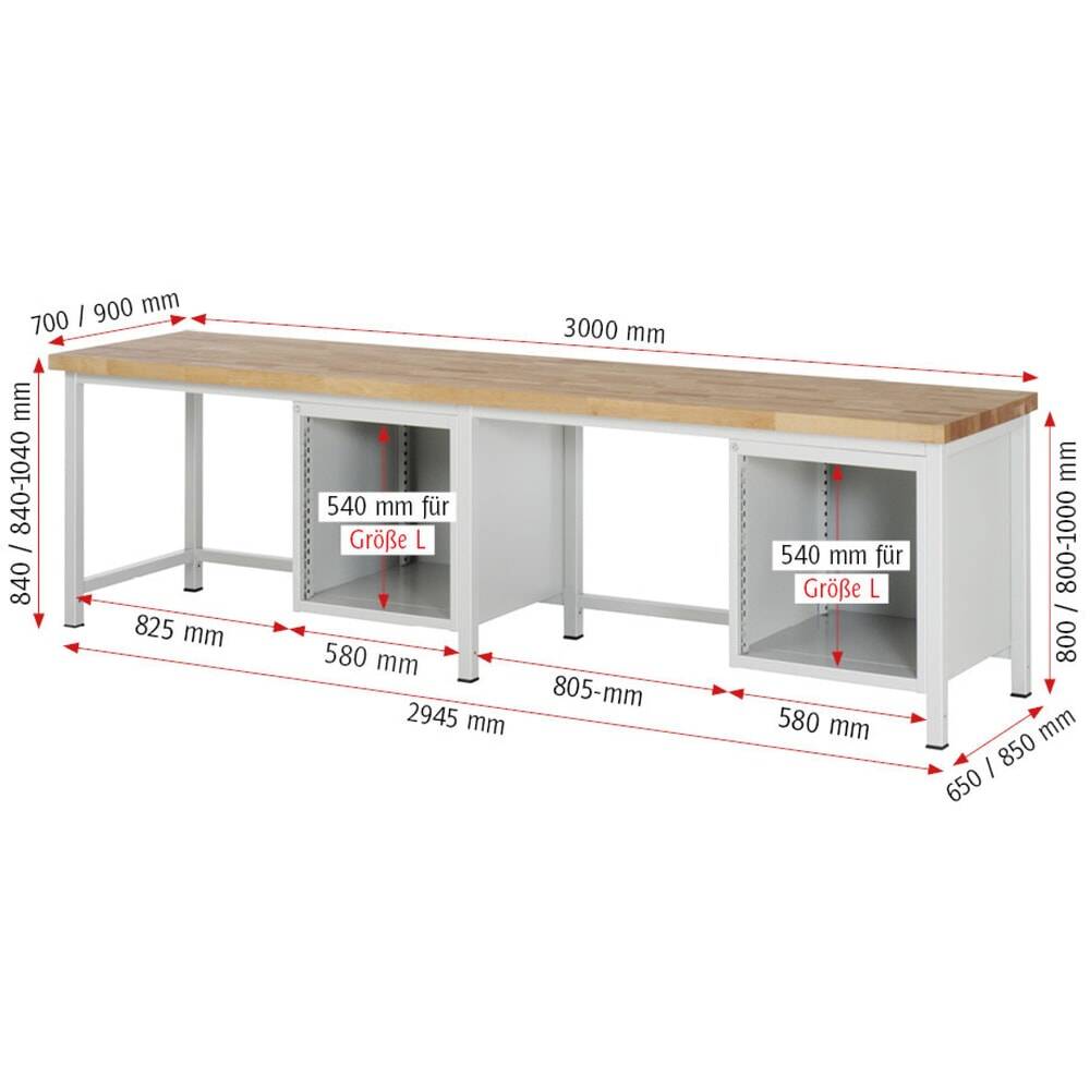 Werkbank, BxTxH 3000x700x840 mm, 6 Schubladen: 2x120/2x180 mm, 2x240 mm, Platte Buche 40 mm, RAL 7035/5010-3