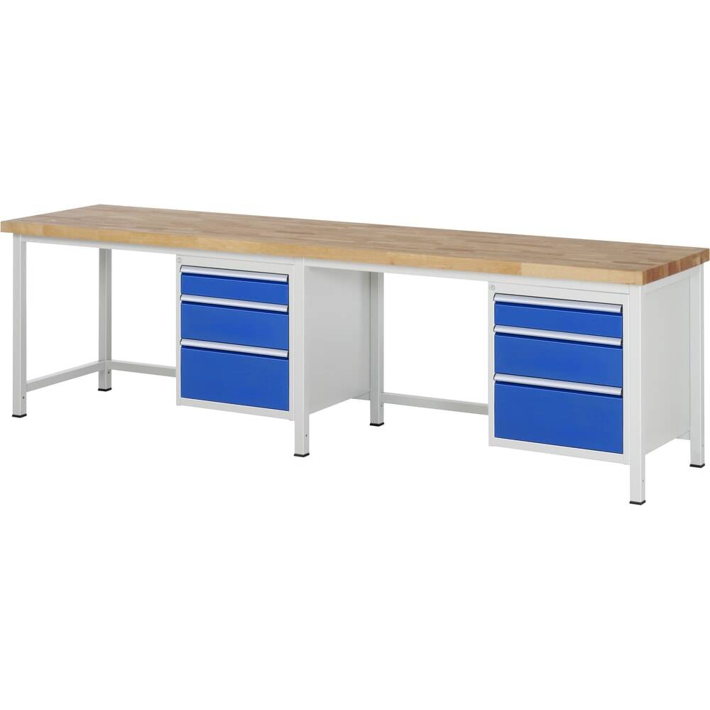 Werkbank, BxTxH 3000x700x840 mm, 6 Schubladen: 2x120/2x180 mm, 2x240 mm, Platte Buche 40 mm, RAL 7035/5010-0