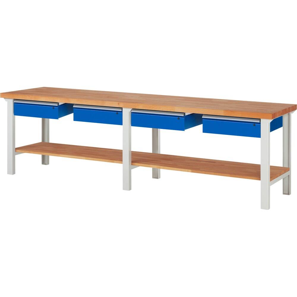 Werkbank mit 4 Schubladen, Ablageboden - Buchenplatte - Tragkraft 750 kg - 840 x 3.000 x 700 mm (HxBxT) - lichtgrau/enzi-0