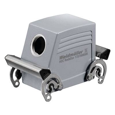 Weidmüller HDC-Gehäuse, robustes, graues Metall mit seitlichen Hebelverschlüssen für industrielle Anwendungen.