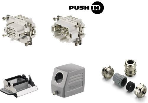 Steckverbinder und Gehäuseteile in verschiedenen Formen und Größen, mit dem Text 'Push In' oben rechts.