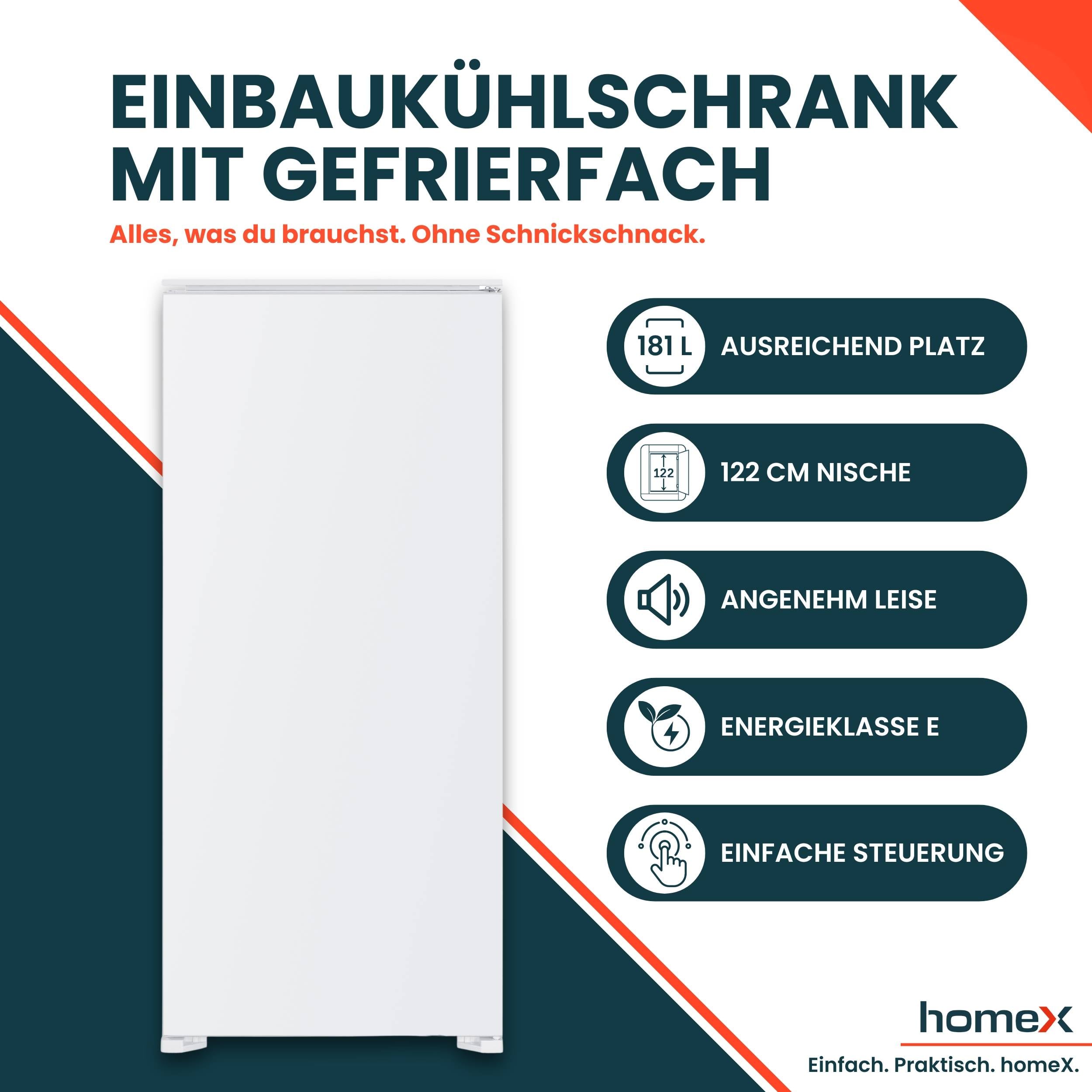 homeX CFB1811E Einbaukühlschrank mit Gefrierfach, 122cm Nische - 181 Liter, Schlepptürtechnik, LED-Beleuchtung, 39 dB-1