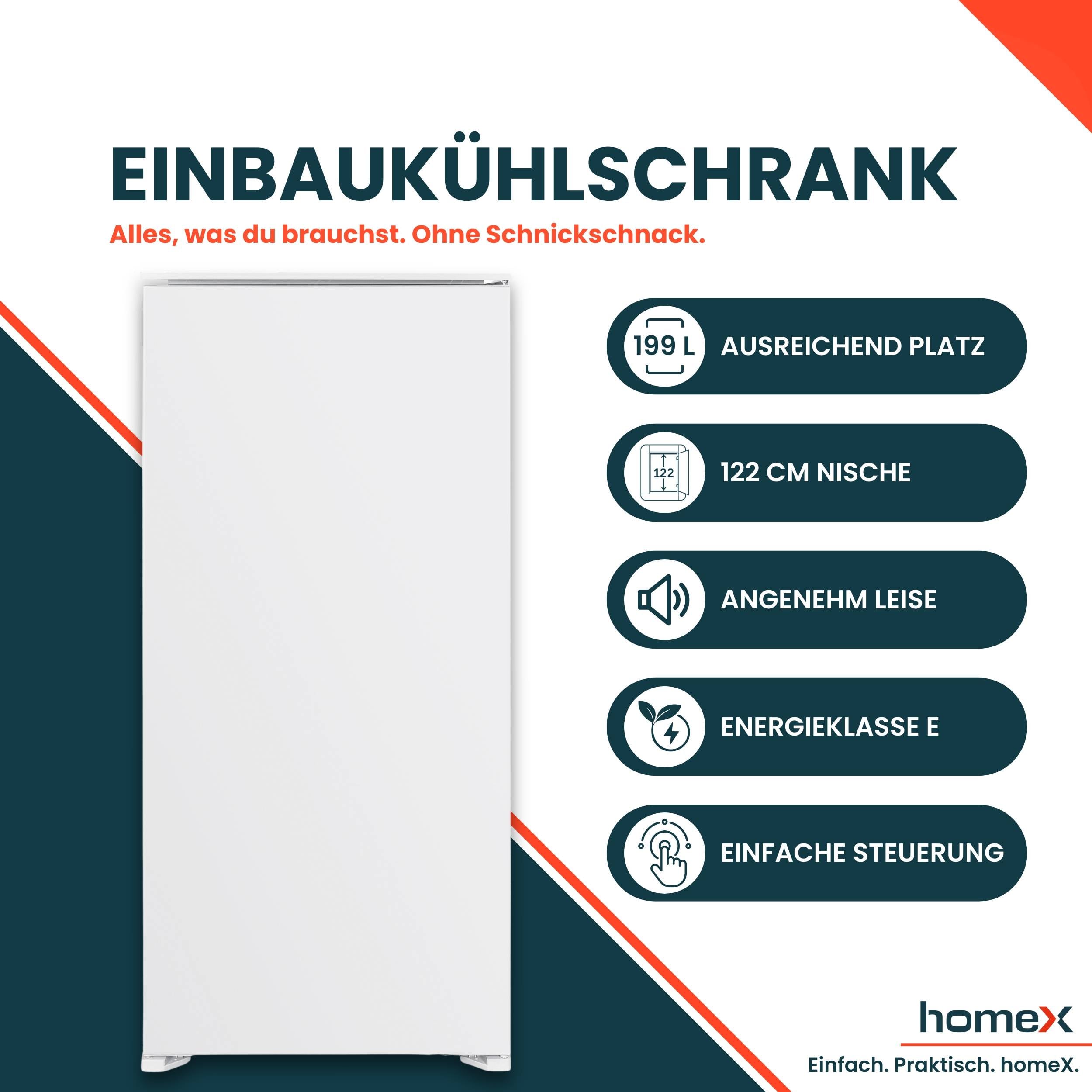 homeX CB1991E Einbaukühlschrank ohne Gefrierfach, 122cm Nische - 199 Liter, Schlepptürtechnik, LED-Beleuchtung, 39 dB-1
