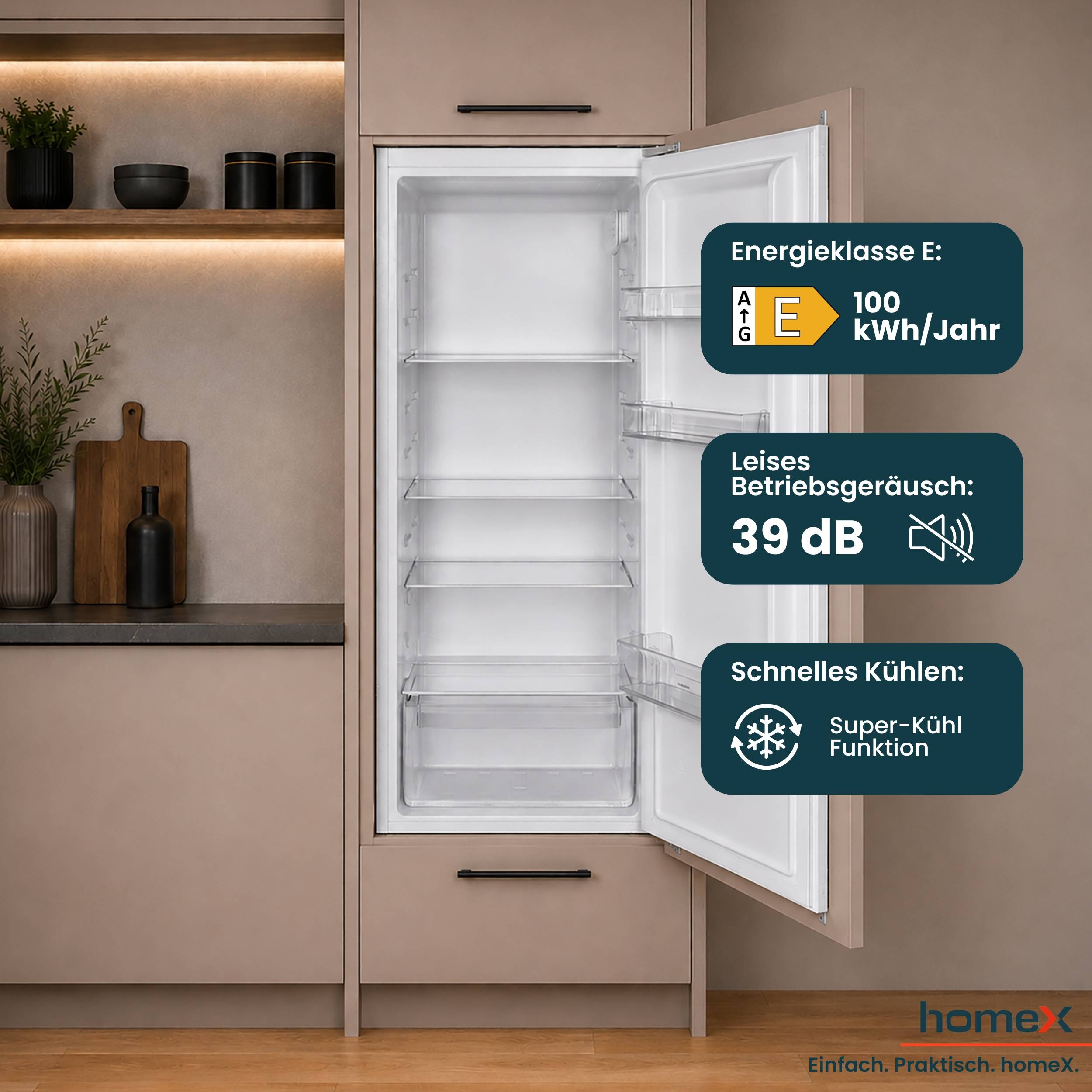 homeX CB1991E Einbaukühlschrank ohne Gefrierfach, 122cm Nische - 199 Liter, Schlepptürtechnik, LED-Beleuchtung, 39 dB-2
