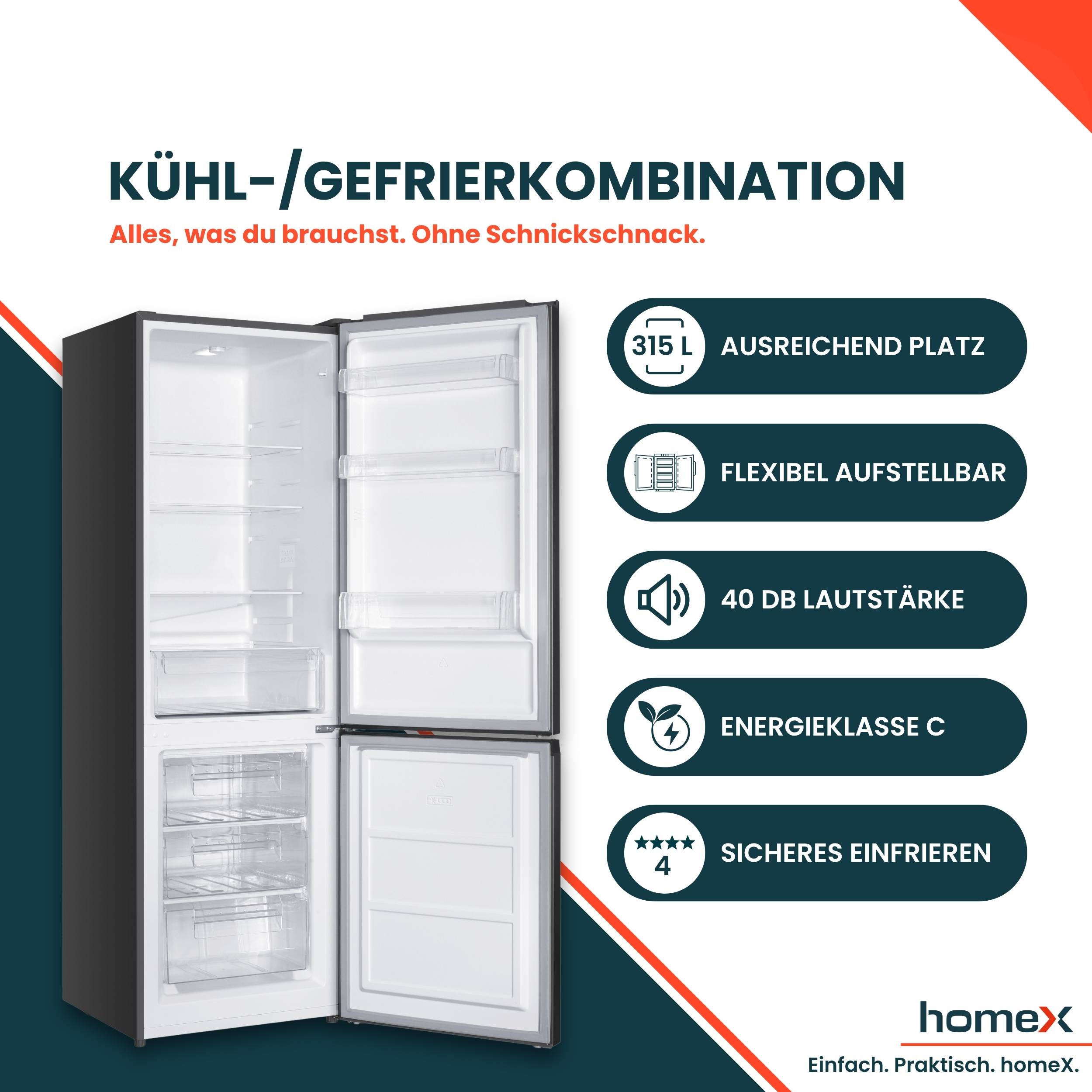 homeX Kühlschrank mit Gefrierfach, Kühl-Gefrierkombination freistehend, groß - 315 L, Super-Frost-Funktion, CFS3151C-S-1