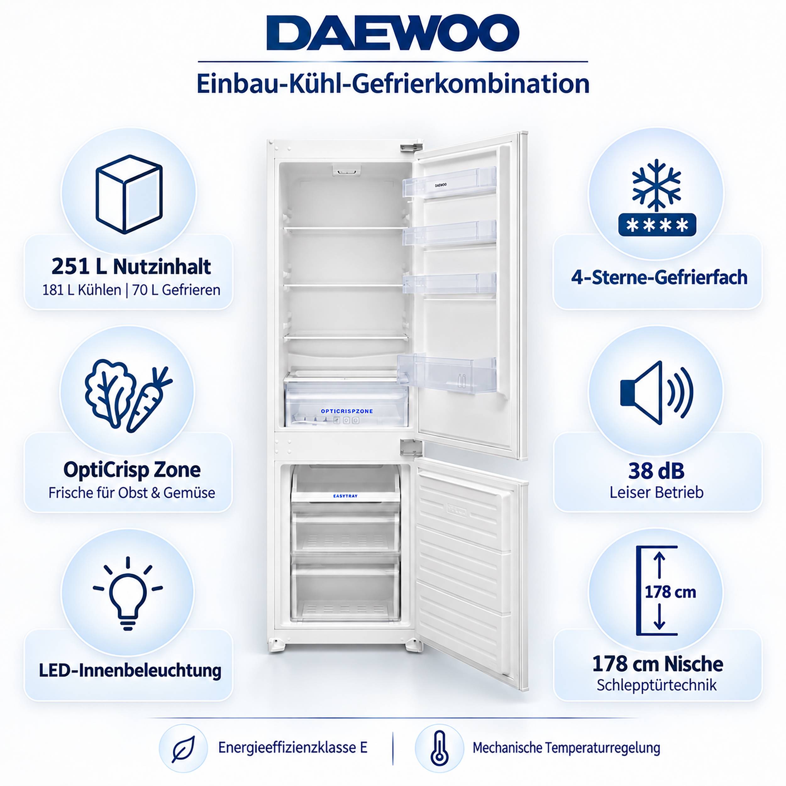 Daewoo CKL2764EIMA0-DE Einbaukühlschrank mit Gefrierfach, Einbau Kühl Gefrierkombination, 178cm Nische, 251 Liter-2