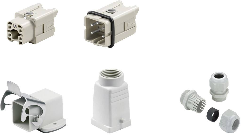 Mehrere industrielle Steckverbindungen in verschiedenen Bauformen, darunter rechteckige Stecker und Kabelverschraubungen.