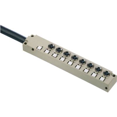 Ein rechteckiger elektronischer Steckverbinder mit acht runden Anschlüssen und einem Kabel auf der linken Seite.