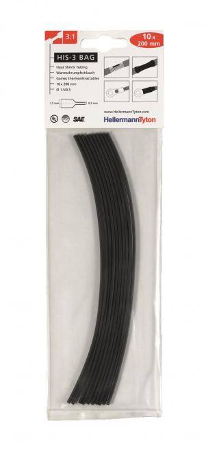 HellermannTyton HIS-3 BAG Warmschrumpfschlauch Ø 1.5mm, Polyolefin vernetzt Schwarz, Schrumpfrate 3:1, Länge 200mm
