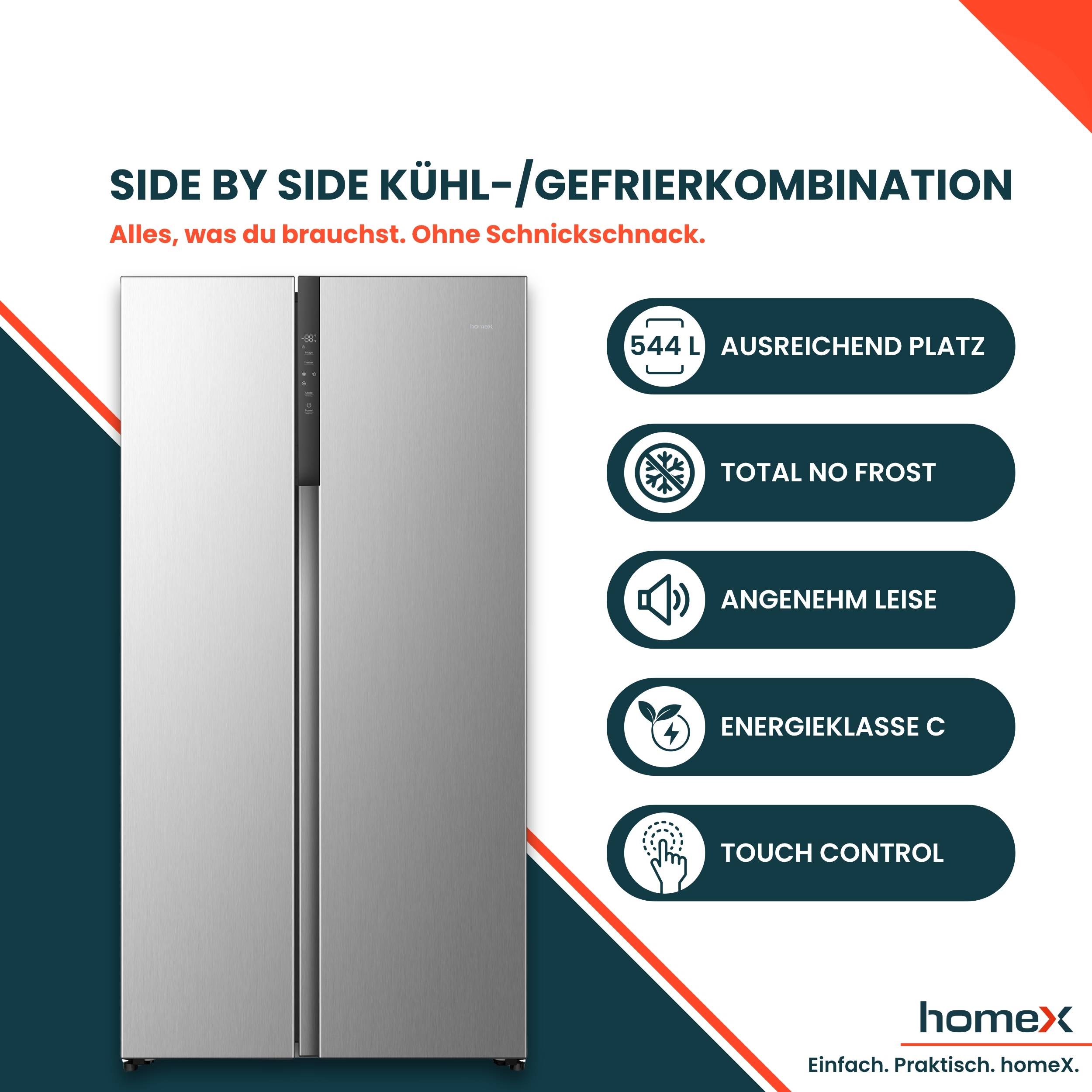 homeX Side by Side Kühlschrank, Kühl-Gefrier-Kombination, No Frost - 544 Liter, Multi Airflow, leise 37 dB, CFBSN5441C-S-1