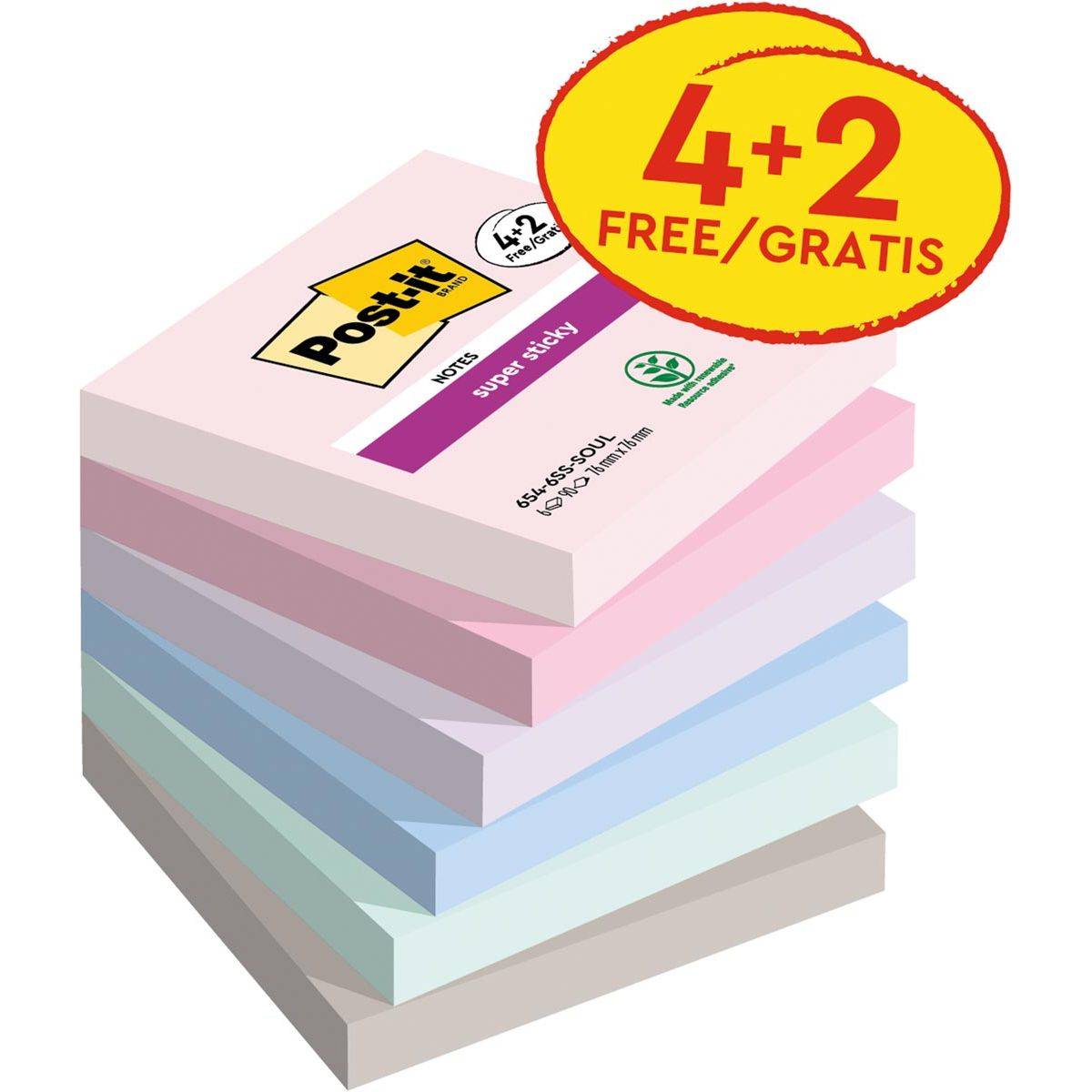 Post-it Haftnotizen Super Sticky Notes, 76 x 76 mm, 4+2 (9000774)-0