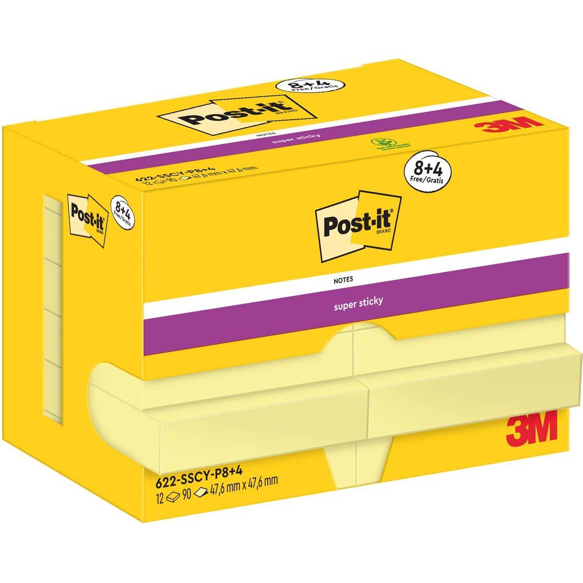 Post-it Haftnotizen super sticky notes, 47,6 x 47,6 mm, 8+4-0