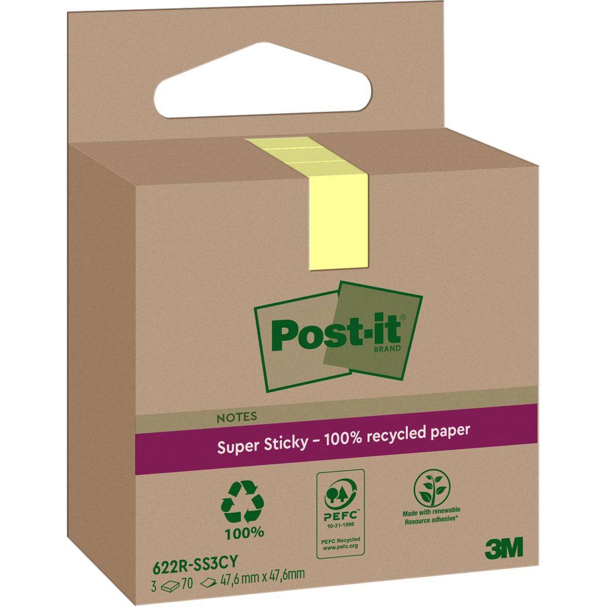 Post-it Super Sticky Recycling Notes, 47,6 x 47,6 mm, gelb (9000860)-0
