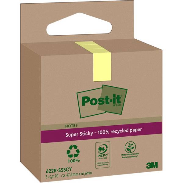 Post-it Super Sticky Recycling Notes, 47,6 x 47,6 mm, gelb (9000860)