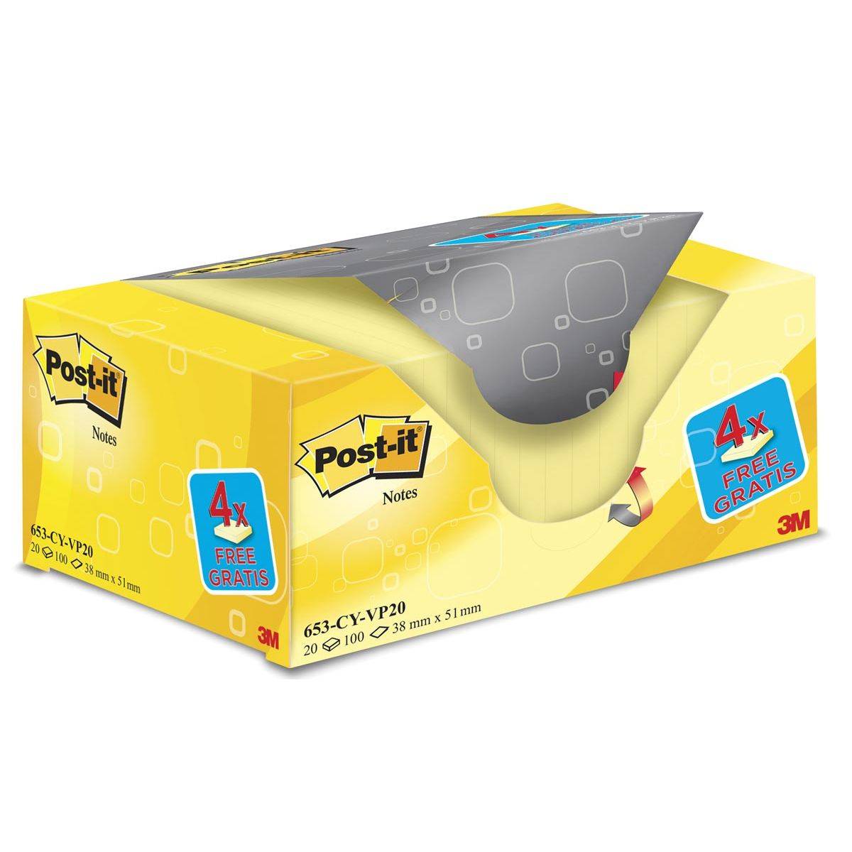 Post-it Haftnotizen notes, 51 x 38 mm, gelb, Promotion 16+4-0
