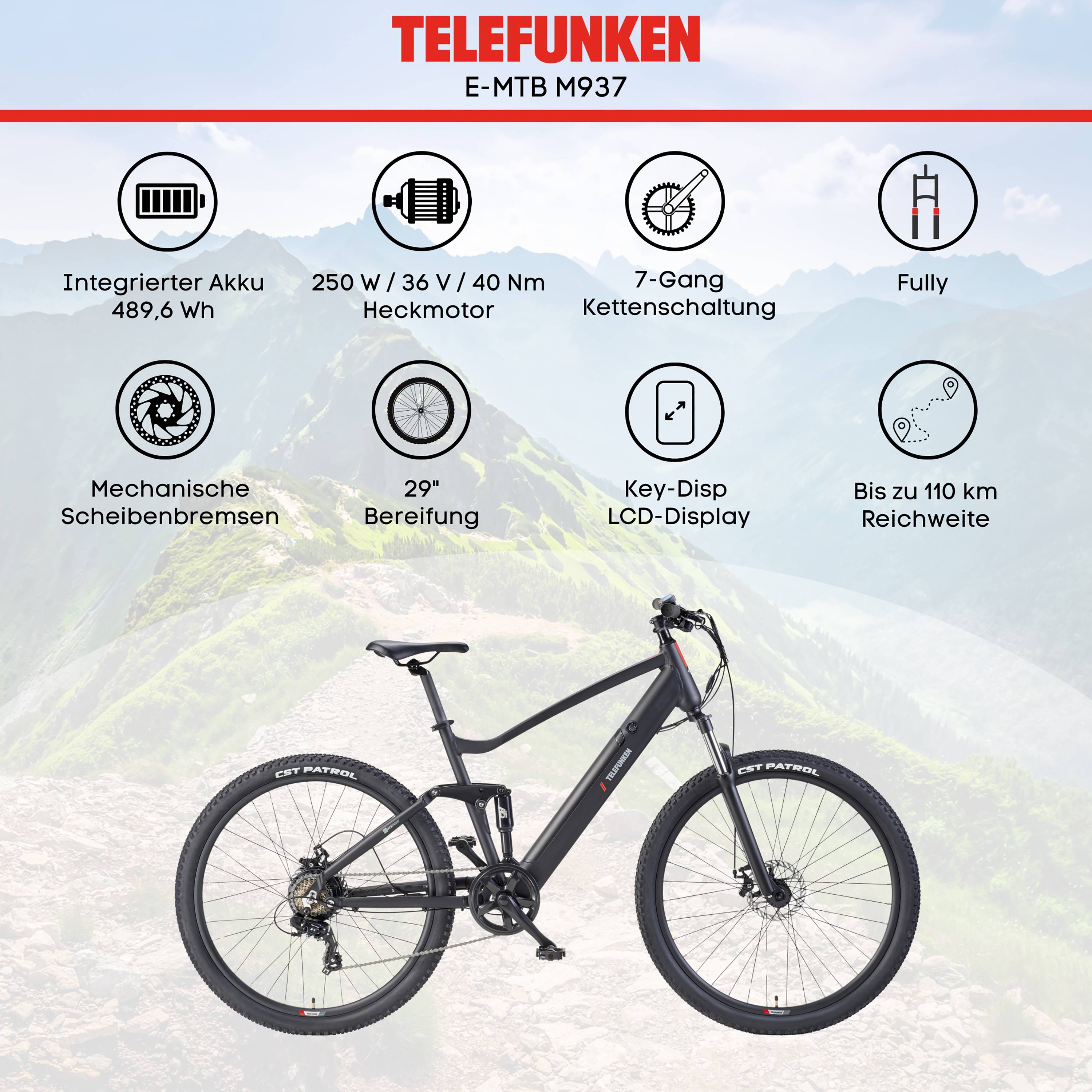 Telefunken E-Bike M937 29 Zoll mit 7 Gang Shimano Kettenschaltung, Hinterradmotor 250W / 40Nm - 13,6Ah / 36V Li-Ion Akku-4