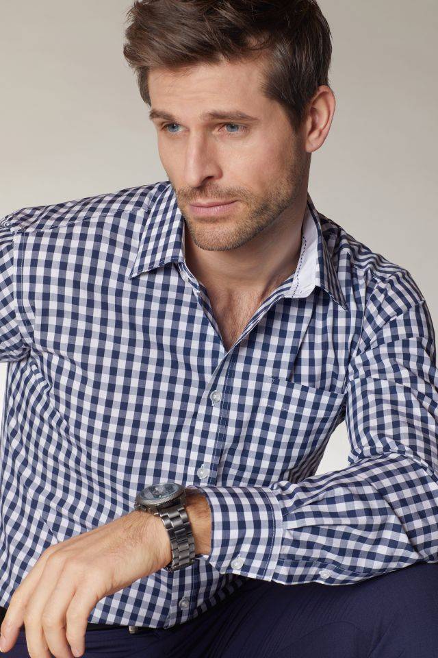 Men's Checked Shirt Modisches Karoshirt mit Uni-Einsätzen an Kragen und Manschette grün/weiß, Gr. M-2