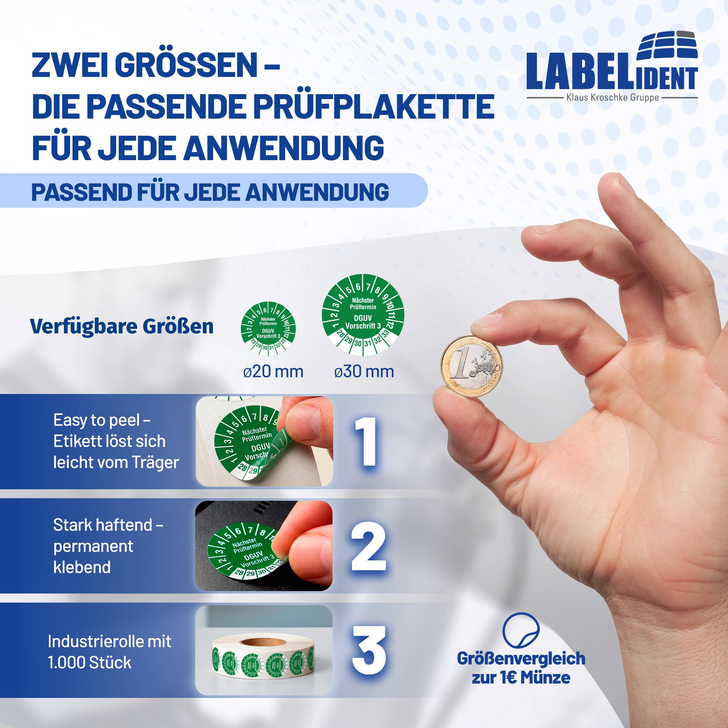 Labelident Prüfplaketten Nächster Prüftermin DGUV V3, Ø 20 mm, 1.000 Etiketten-2