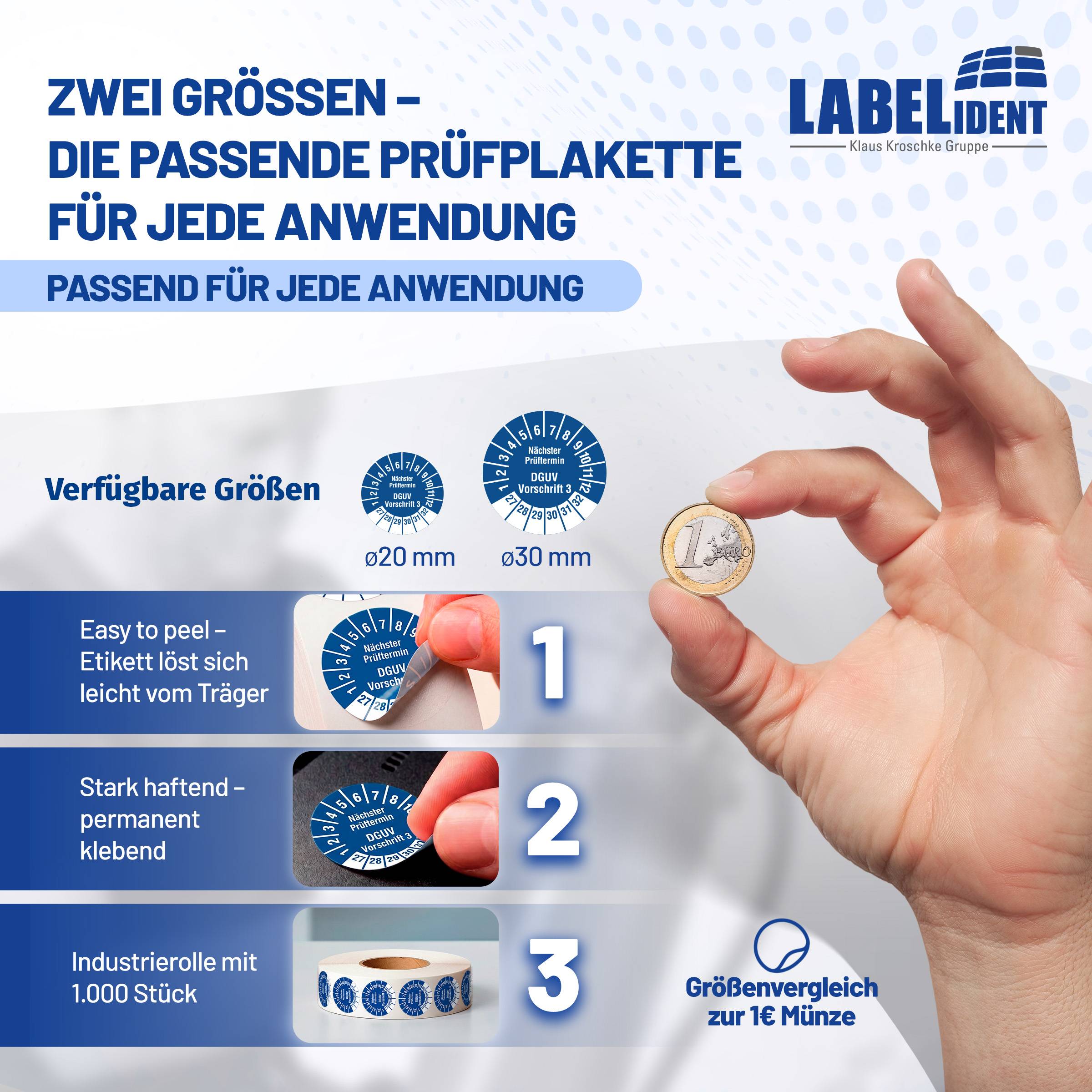 Labelident Prüfplaketten Nächster Prüftermin DGUV V3, Ø 30 mm, 1.000 Etiketten-2