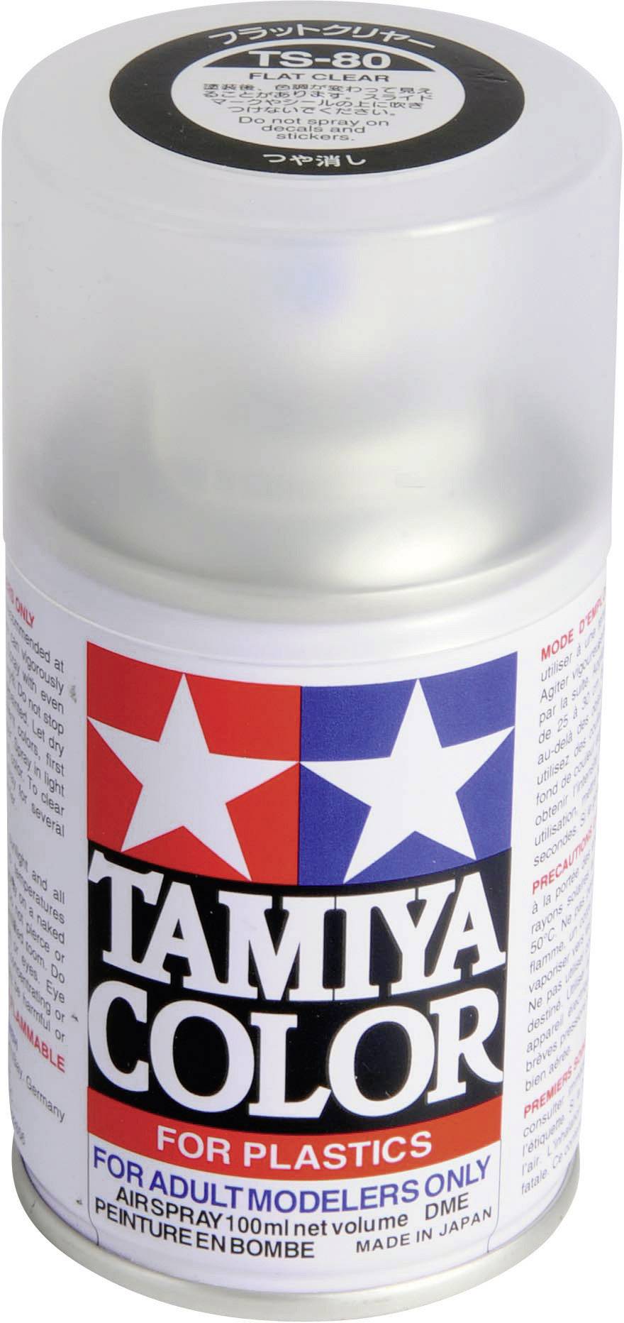 Sprühdose von Tamiya Color für Plastikmodelle. Weißer Deckel, markantes Rot-Blau-Stern-Design, 100 ml für erwachsene Modellbauer.