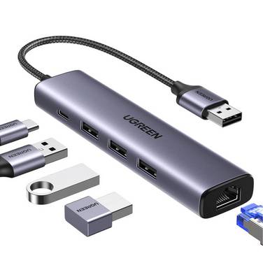 Ugreen Multifunktionsadapter HUB USB 3.0 - 3 x USB / Ethernet RJ-45 / USB Typ C PD grau (CM475)
