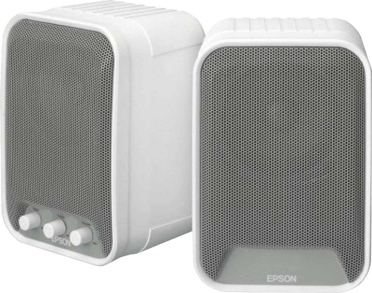 Zwei weiße Lautsprecher von Epson, einer mit drei Drehknöpfen an der Vorderseite.