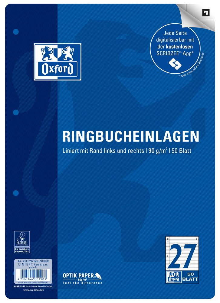 Oxford Ringbucheinlagen, DIN A4, liniert, 50 Blatt