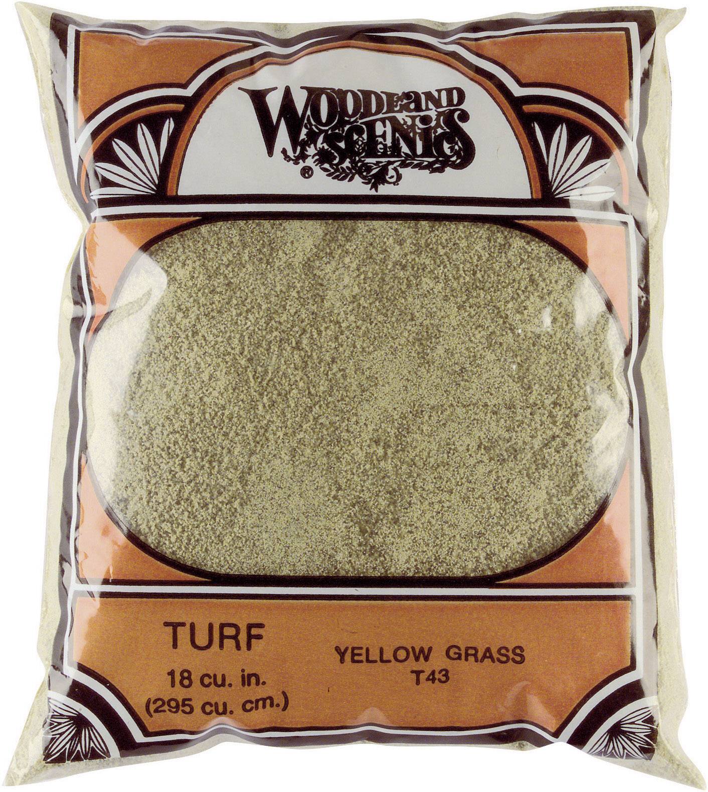 'Woodland Scenics Turf' Beutel mit gelbgrünem Granulat, 18 cu. in. (295 cm³). Verpackungsdesign in Orange mit schwarzer Schrift.