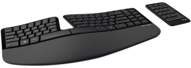 Ergonomische Tastatur in Schwarz mit geteiltem Design und separatem Nummernblock, gestaltet für komfortables Tippen.