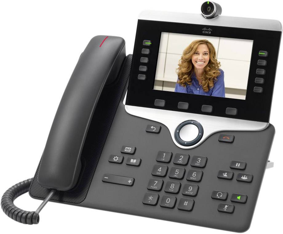 Telefon mit Videofunktion zeigt eine lächelnde Frau auf dem Bildschirm. Tasten für Anrufsteuerung und Lautstärkeregler sichtbar.
