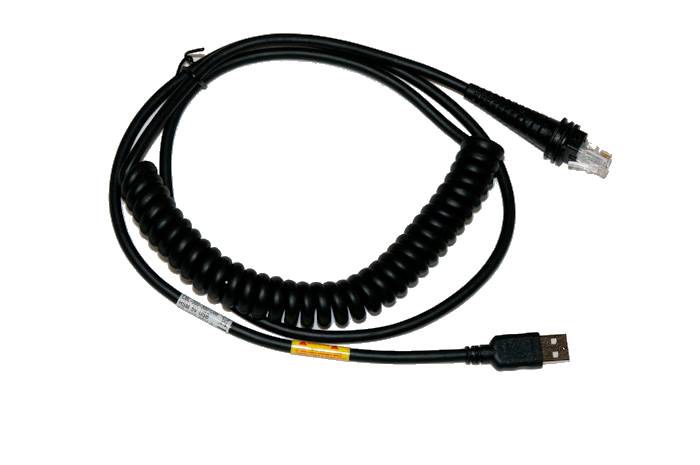 Ein schwarzes, spiralförmiges Kabel mit USB- und Ethernet-Steckern, geeignet für Verbindungen zwischen Geräten und Netzwerk.