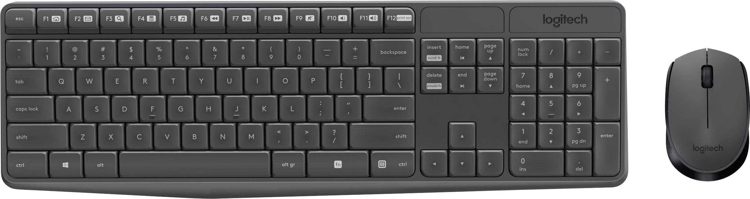 Drahtlose Logitech-Tastatur und Maus-Set in Schwarz, beide mit schlankem Design. Die Tastatur hat einen Nummernblock rechts.