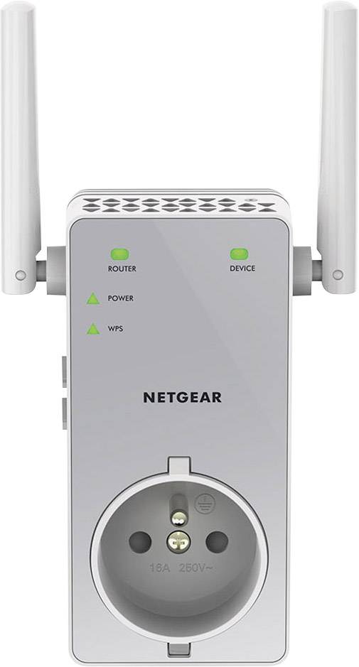Netzwerk-Extender mit zwei Antennen. LEDs zeigen 'Router', 'Power', 'WPS' und 'Device' an. Enthält eine Steckdose unten.