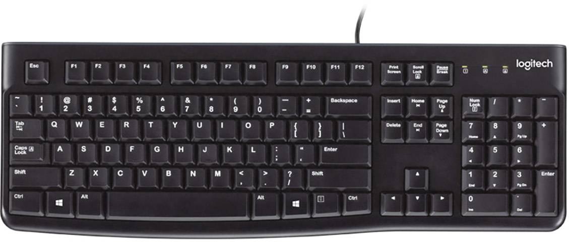 Schwarze kabelgebundene Tastatur von Logitech mit vollständigem Tastenlayout und Nummernblock.
