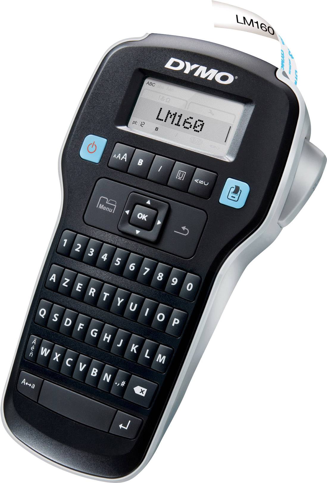 Ein tragbares, schwarzes Dymo-Etikettiergerät mit AZERTY-Tastatur und LCD-Bildschirm zeigt 'LM160' an.