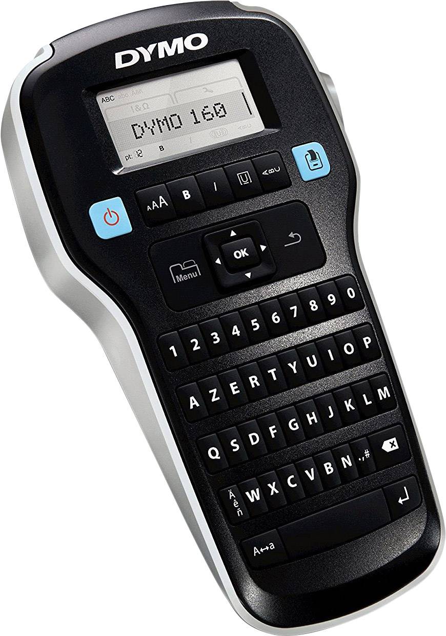 Ein tragbares Beschriftungsgerät mit QWERTY-Tastatur, Display und Funktionstasten, geeignet zum Drucken von Etiketten.