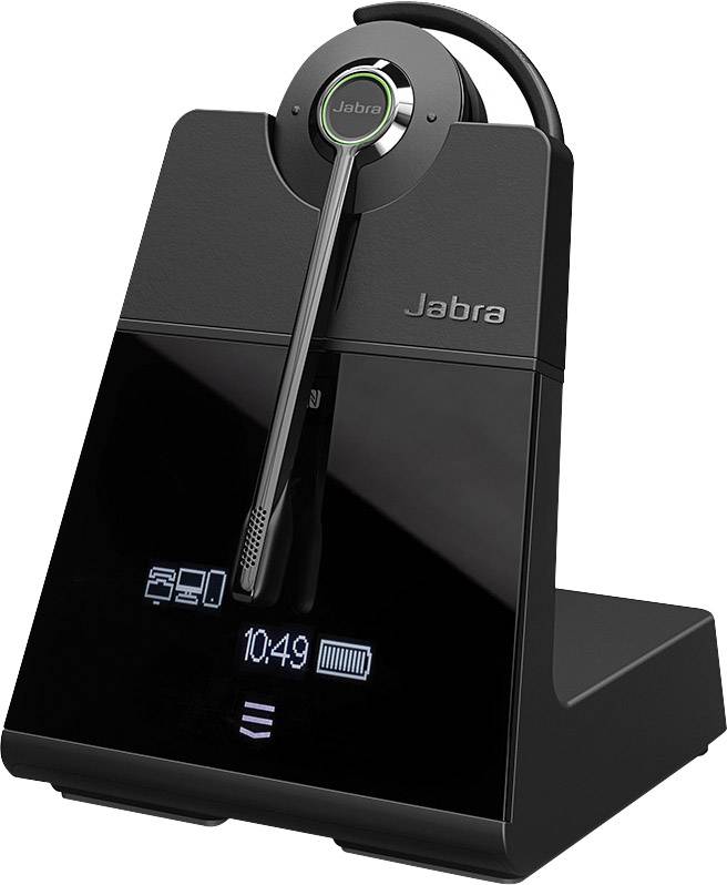 Schwarzes kabelloses Jabra Headset auf Ladestation mit Digitalanzeige zeigt Uhrzeit 10:49 und Akkustatus.