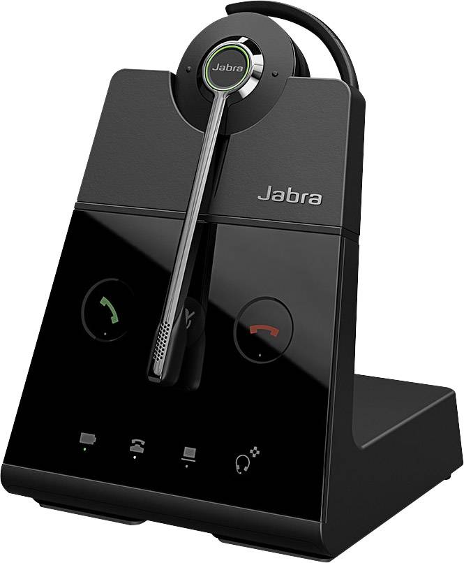 Ein schwarzes Jabra-Headset auf einer Ladestation. Links ist ein grüner Anrufannahme-Knopf, rechts ein roter Anrufbeendigungs-Knopf.