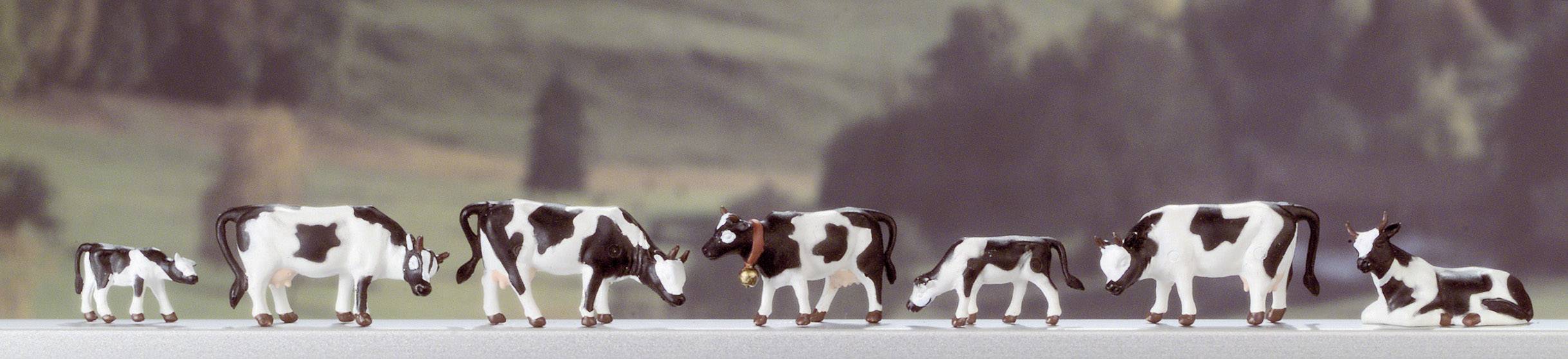 'Sieben schwarz-weiße Kühe und Kälber stehen auf einer Wiese. Der Hintergrund zeigt eine verschwommene Landschaft.'