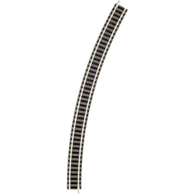 Gebogene Modelleisenbahnschiene für Spur H0, zwei Schienen auf dunklen Schwellen, großer Radius, typisch für Modellbau.