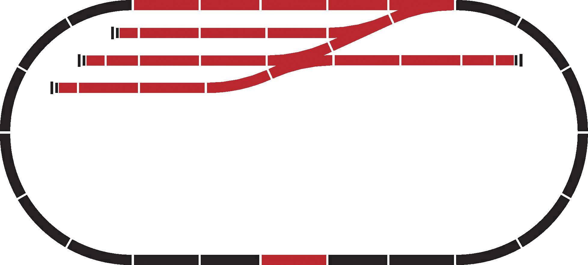 Eine schematische Darstellung einer Eisenbahnanlage mit mehreren roten Gleisen, die sich verzweigen und in einem ovalen schwarzen Streckennetz verlaufen.