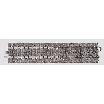 Gleisabschnitt eines Modelleisenbahnsystems, rechteckige Form, Schienen auf Schotterbett.