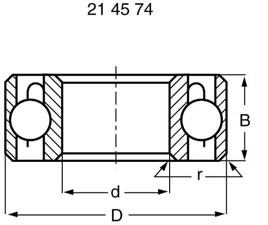 Technische Zeichnung eines Kugellagers mit Markierungen für Maße: D, d, B, r. Oben die Zahlenfolge '21 45 74'.