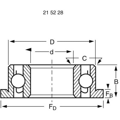Querschnitt eines Kugellagers mit Achskennzeichnung. Oben: 21 52 28. Maße sind D, d, C, B, F<sub>D</sub> und F<sub>B</sub>.