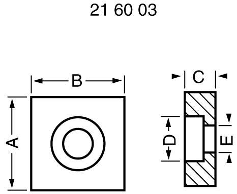 Technische Zeichnung eines quadratischen Bauteils mit Maßen: A, B, C, D, E. Oben steht die Nummer '21 60 03'.