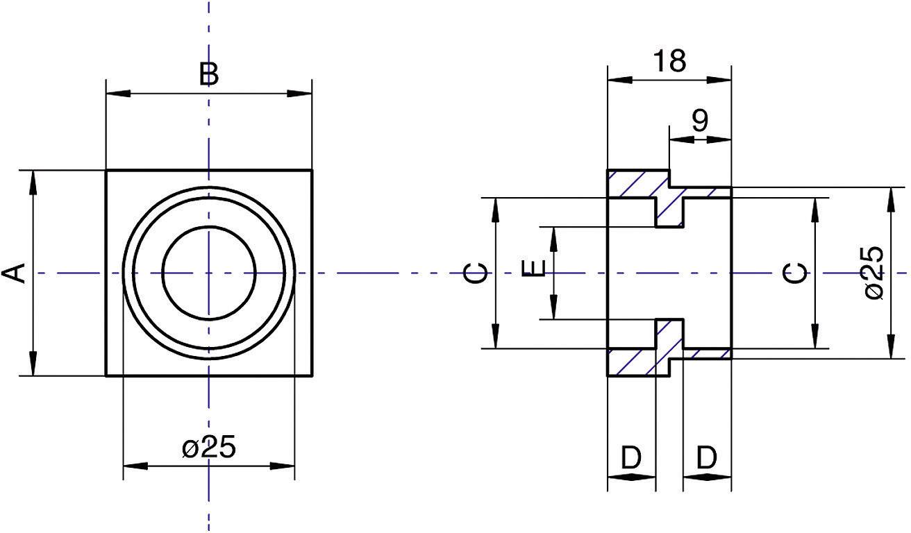 Technische Zeichnung eines zylindrischen Teils, Maßangaben: Durchmesser 25 mm, Länge 18 mm, Detailansicht mit Querschnitt.